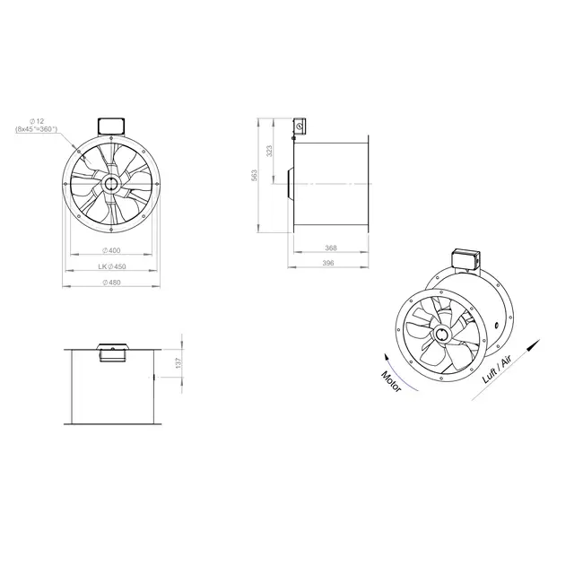Ventilatore assiale da 400 mm canalizzato per fumi F300- AL 400 D2 F3 01 CFG