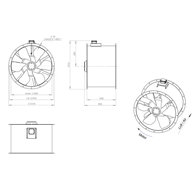 Ventilatore assiale per fumi canalizzati da 900 mm F300- AL 900 D6 F3 01 CFG