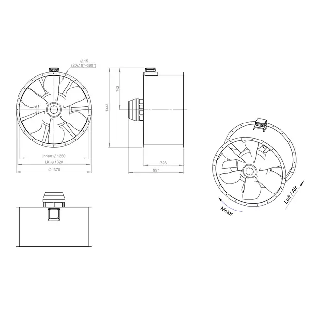 Ventilatore assiale da 1250 mm per fumi F300- AL 1250 D6 F3 03 CFG