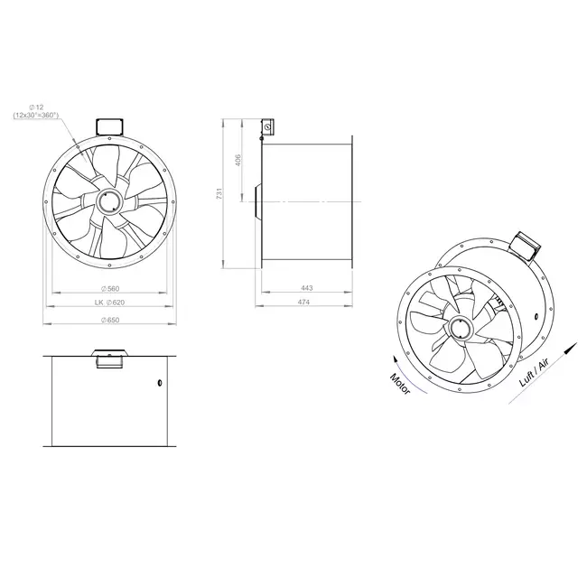 Ventilatore assiale per fumi canalizzati da 560 mm F300- AL 560 D4 F3 02 CFG