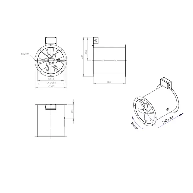 Ventilatore assiale da 315 mm canalizzato per fumi F400 - AL 315 D2 F4 01 CFG
