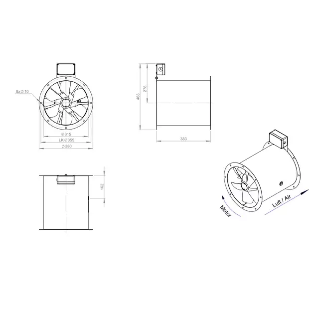 Ventilatore assiale da 315 mm canalizzato per fumi F400 - AL 315 D42U F4 02 CFG