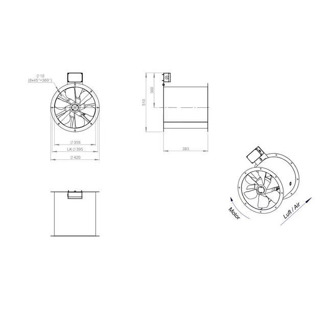 Ventilatore assiale per fumi canalizzati da 355 mm F400 - AL 355 D2 F4 01 CFG