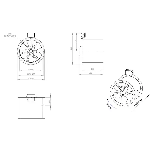 Ventilatore assiale per fumi da 400 mm canalizzato F300- AL 400 D42U F3 01 CFG