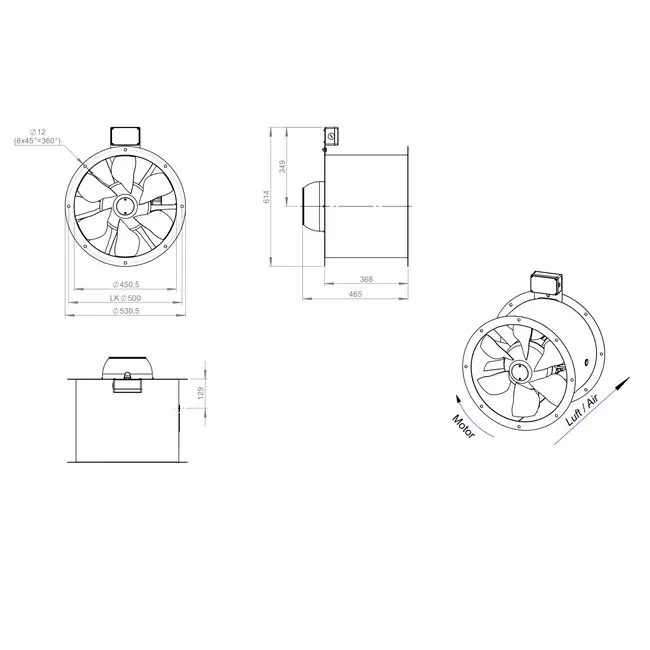Ventilatore assiale da 450 mm canalizzato per fumi F400 - AL 450 D2 F4 01 CFG