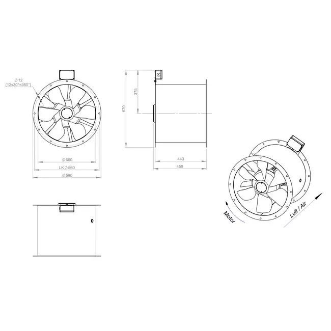 Ventilatore assiale da 500 mm canalizzato per fumi F300- AL 500 D4 F3 03 CFG