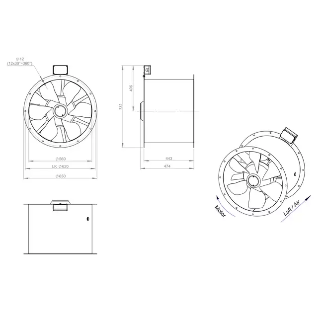 Ventilatore assiale per fumi canalizzati da 560 mm F400 - AL 560 D4 F4 02 CFG