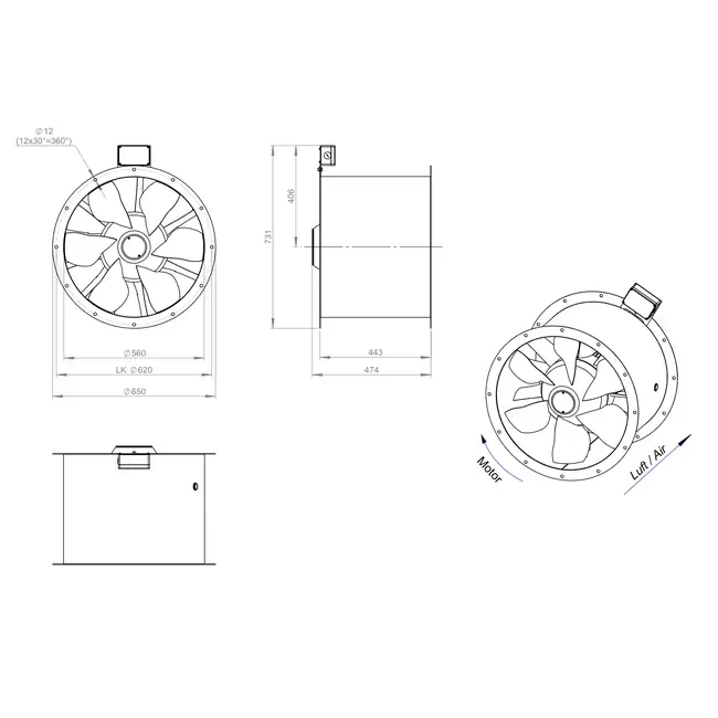 Ventilatore assiale per fumi canalizzati da 560 mm F400 - AL 560 D84U F4 01 CFG