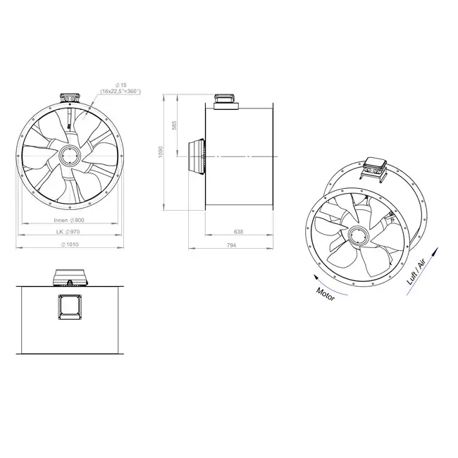 Ventilatore assiale per fumi canalizzati da 900 mm F400 - AL 900 D4 F4 04 CFG