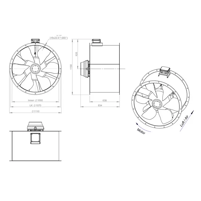 Ventilatore assiale da 1000 mm canalizzato per fumi F400 - AL 1000 D4 F4 03 CFG