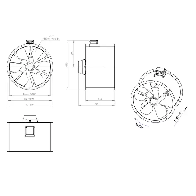 Ventilatore assiale per fumi canalizzati da 900 mm F300- AL 900 D6 F3 03 CFG