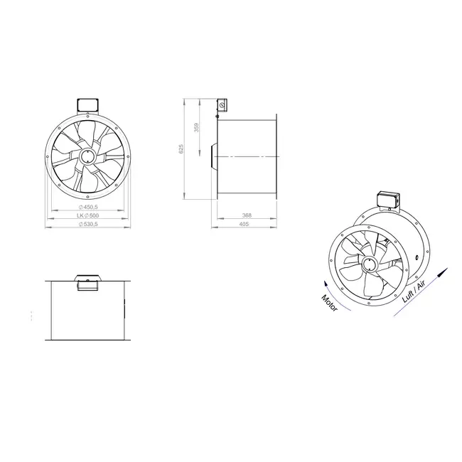 Ventilatore assiale da 450 mm canalizzato per fumi F400 - AL 450 D2 F4 02 CFG