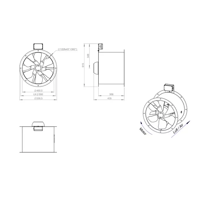 Ventilatore assiale per fumi canalizzati da 450 mm F400 - AL 450 D42U F4 02 CFG