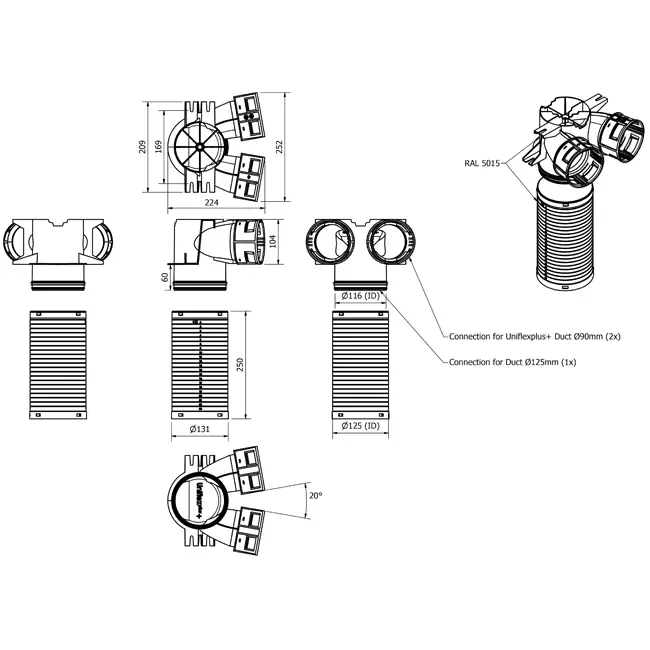 Collettore Vent-Axia Uniflexplus 2 x Ø90 mm - Ø125 mm