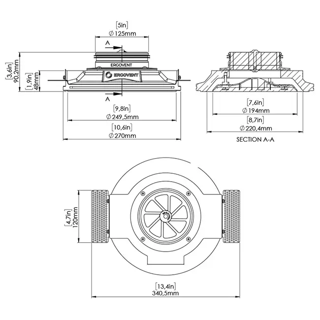 Valvola di ventilazione Ergovent senza cornice rotonda 125 mm - con effetto coanda