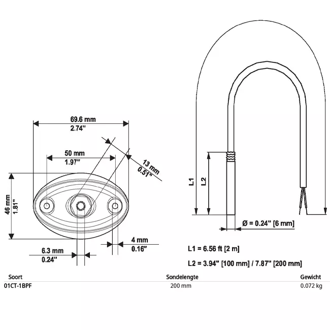 Sensore di temperatura a cavo Belimo PT1000 200x6 mm - 2 metri con flangia di montaggio - 01CT-1BPF