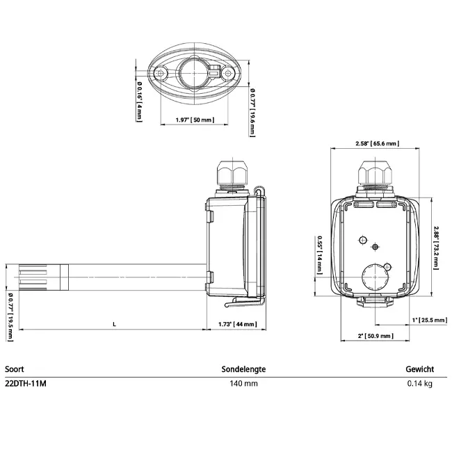 Sensore da condotto Belimo per umidità e temperatura - sonda 140 mm - 22DTH-11M