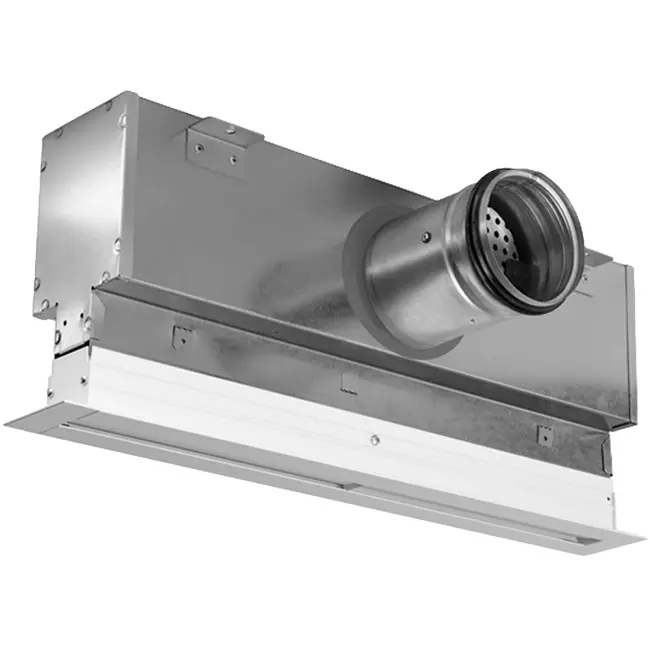 Griglia lineare in alluminio con 1 deflettore regolabile – 500 mm – RAL 9016 + plenum isolato con serranda di regolazione della portata d’aria