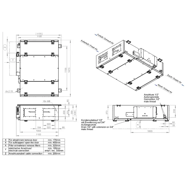 Unità di trattamento aria Maxivent WTW con scambiatore a controcorrente da 1700 m³/h con riscaldatore elettrico a destra - PHE 1700 F EOJR