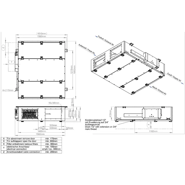 Unità di trattamento aria Maxivent WTW con scambiatore a controcorrente da 2800 m³/h con riscaldatore elettrico a sinistra - PHE 2800 F EOJL