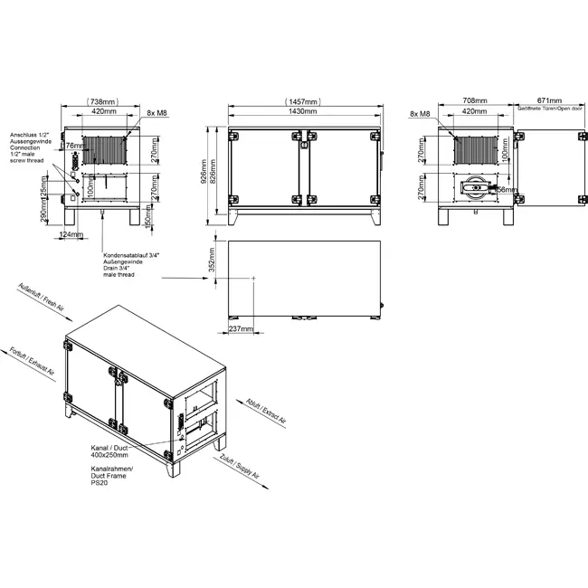 Unità di trattamento aria Maxivent WTW con scambiatore a controcorrente da 700 m³/h, orientamento orizzontale a destra - PHE 700 H OOJR