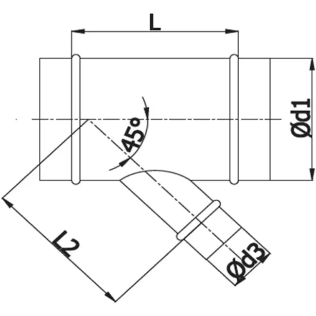 Raccordo a T Ø 125 mm - Ø 100 mm per tubo spiro (45°)