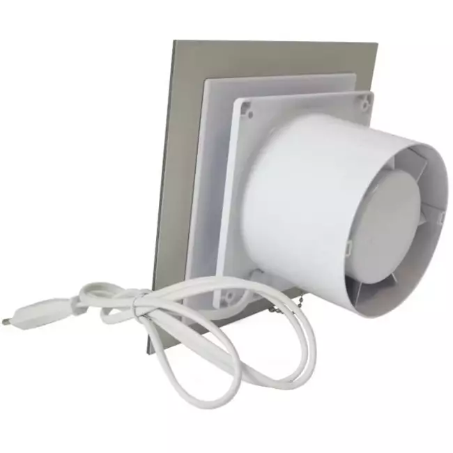 Aspiratore per il bagno Ø 125 mm con interruttore a corda e spina - pannello frontale di vetro dorato satinato