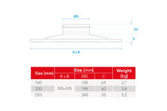 Diffusore a soffitto in acciaio per mandata e scarico 595x595 mm - 200 mm - RAL 9016